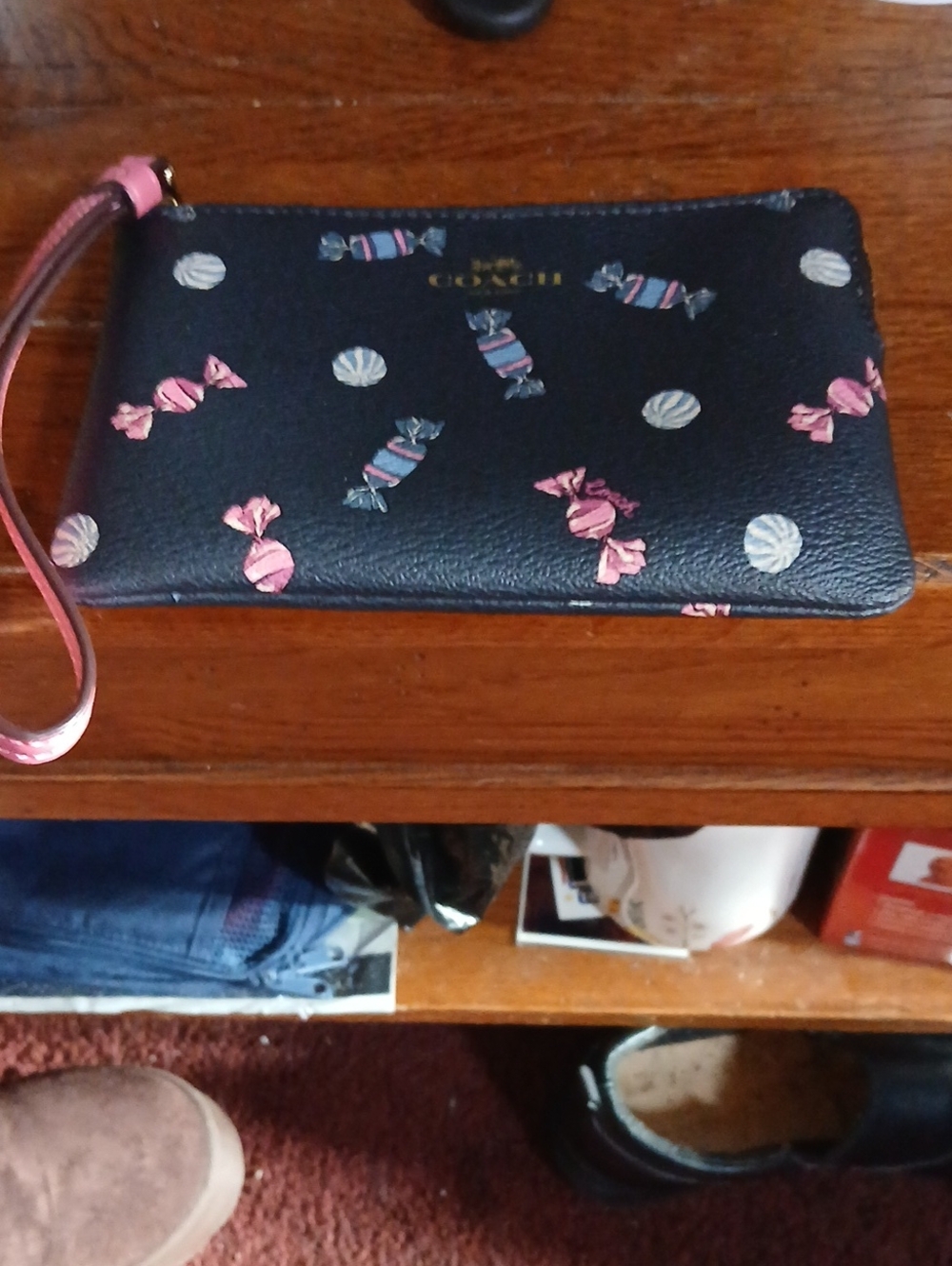Coach Black Wristlet with Pink Candy Print NWOT